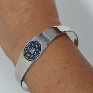 Sterling Silver 925 Cuff Bracelet with Aztec Solar Calendar, Tribal, Handmade
